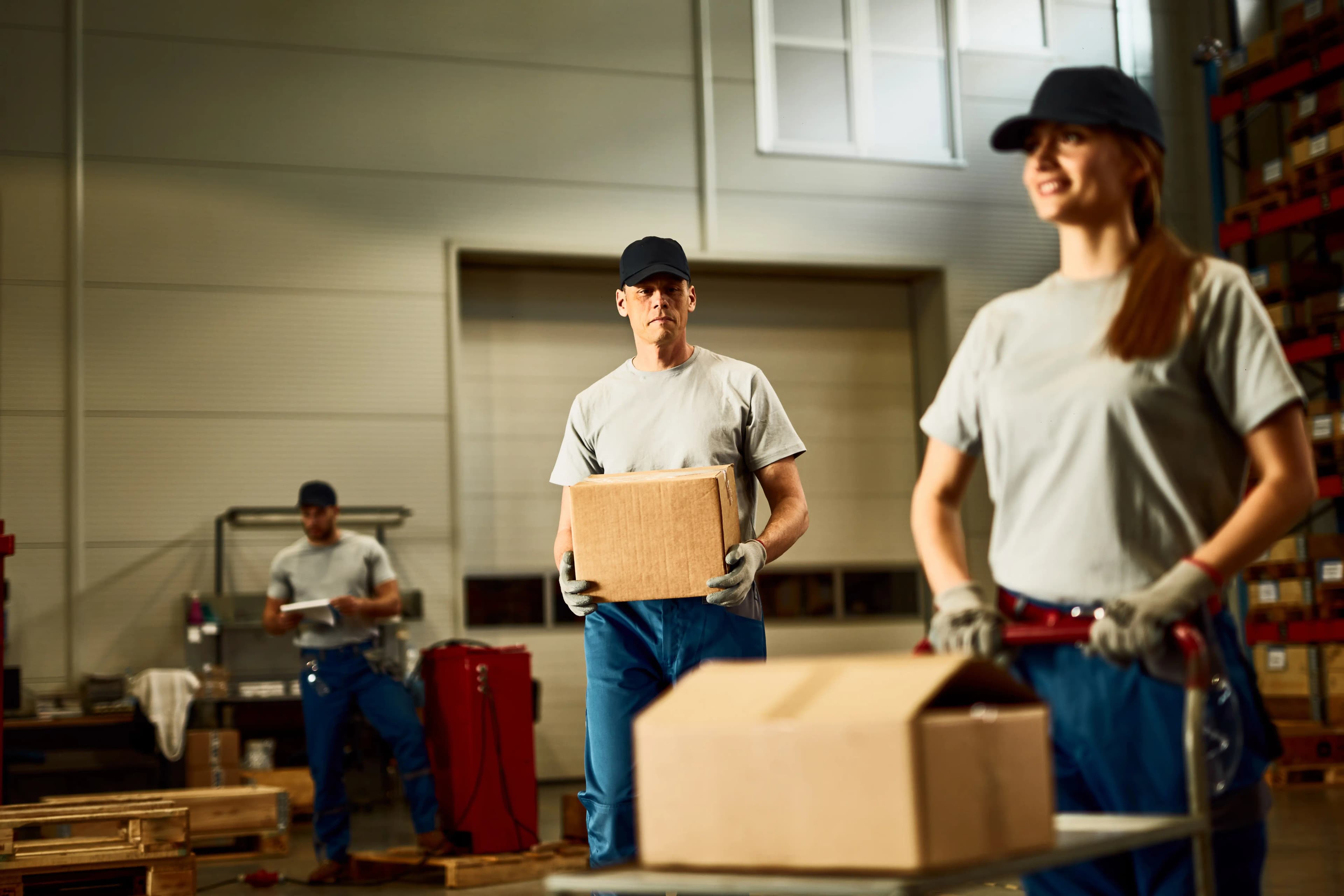 mid adult worker carrying cardboard box while working with colleagues industrial warehouse
